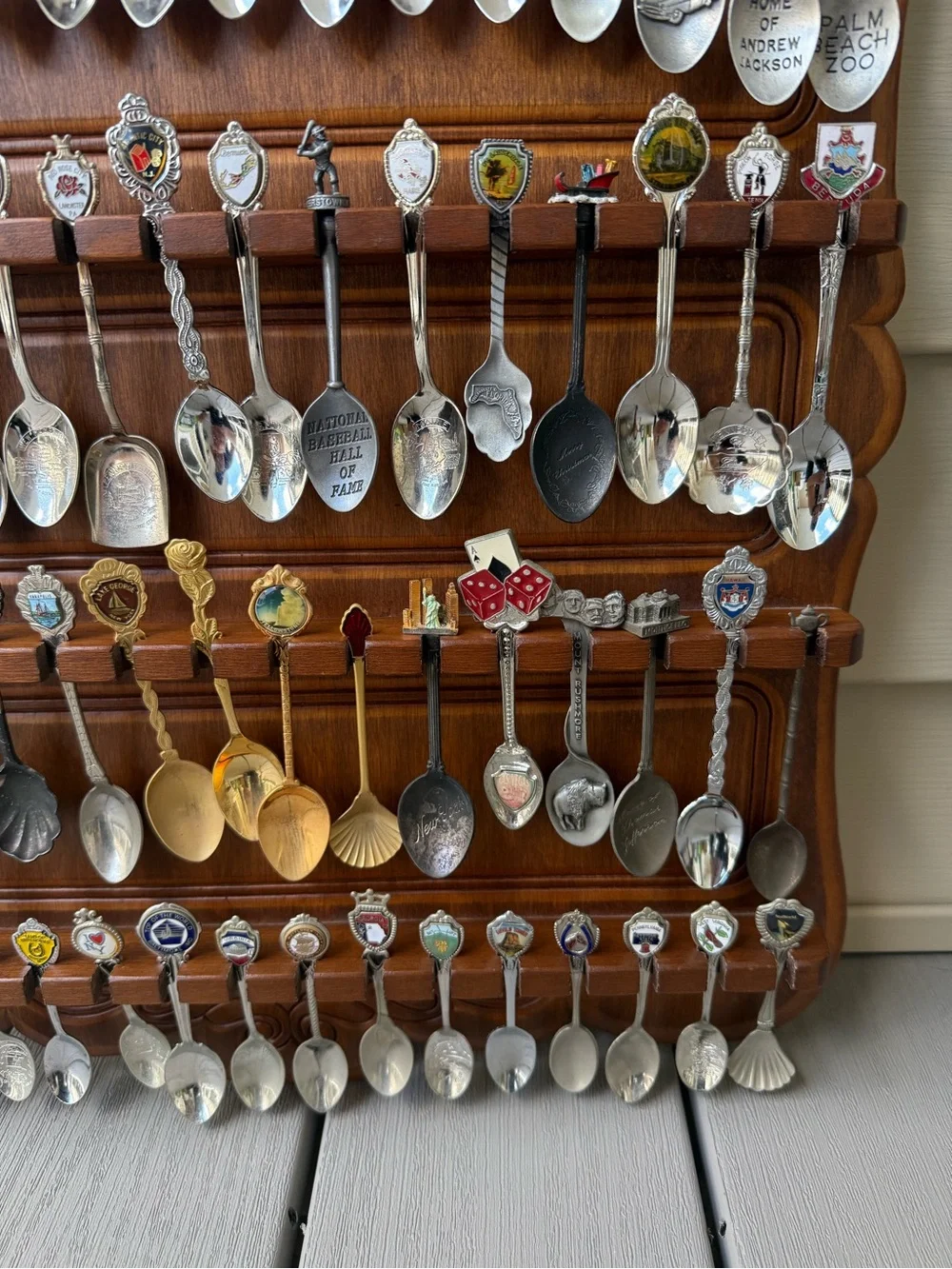 64 Vintage & Collectible Souvenir Travel Spoons + Wooden Display Rack